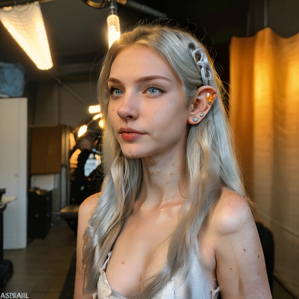 1 elf queen, named Glandruil, young woman, aged 20, light blue eyes, white eyebrows, white eyelashes, killer legs, killer body, vibrant colors, detailed scenery, detailed hair, detailed eyes, detailed facial features, silver hair, asymmetrical hair, hair behind ear, long hair, very long hair, expressive hair, absurdly long hair, pixie cut, tri tails, crown, mole under eye, long pointy ears, serious, cinematic lighting, ray tracing, masterpiece, anatomically correct, textured skin, super detail, best quality, highres,Professional photography skills,Professional model posture