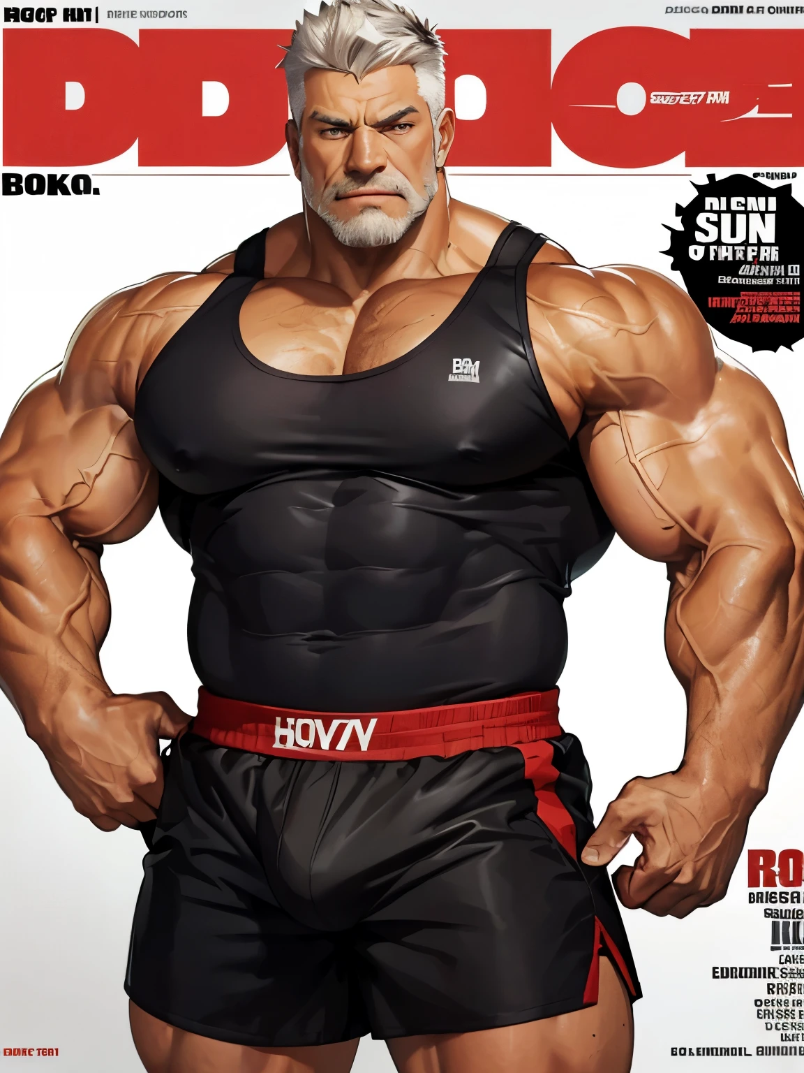 (magazine cover), with text, solo, 1boy, (Huge Muscular Old man as a boxer , wearing shorts, and tank top) (short hair), pectoral, abnormal muscle size, very big muscle, (bulge in shorts: 1.1), absurdly muscle size, huge pectoral, wide pectoral, (bara pecs: 1.3), short white hair, short bearded, simple background, masterpiece, high detailed, 8k, high resolution, --style 250, -- v 6.0