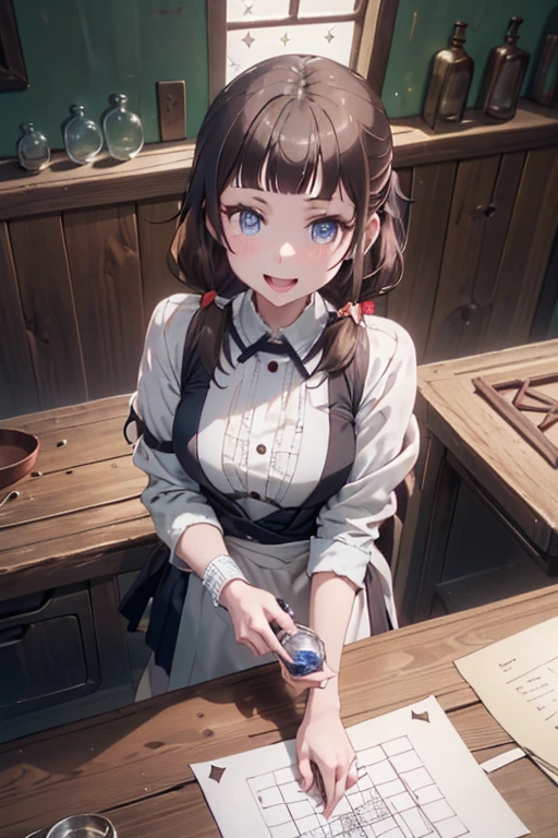 (from above:1.2) (highest quality:1.5),(8k,masterpiece, top quality, best quality,beautiful and aesthetic:1.2,professional illustrasion:1.1,ultra detail:1.3,perfect lighting),extremely detailed,highest detailed,incredibly absurdres , highres, ultra detailed,intricate:1.3,(Alchemy Workshop:1.4),A girl mixing,Medicine in many small bottles,colorful:1.4,zentangle,(1girl),(highly detailed beautiful face and eyes,firm breasts),real skin,((brown hair,long pony tail hair)),thin pubic hair:1.3,cute,lovely,17 years old, learning a cook, alchemist costume,smile,in the kitchen,smile,seductive weak smiling,(with sparkling eyes and a contagious smile),open mouth, Looking at Viewer,