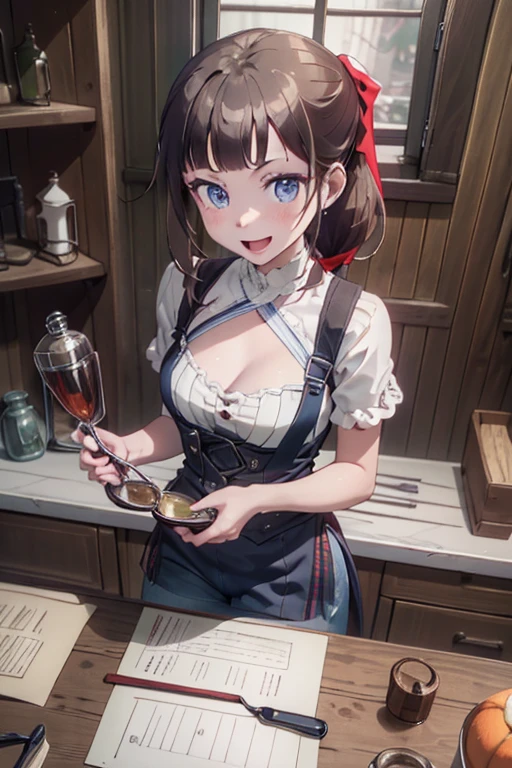 (from above:1.2) (highest quality:1.5),(8k,masterpiece, top quality, best quality,beautiful and aesthetic:1.2,professional illustrasion:1.1,ultra detail:1.3,perfect lighting),extremely detailed,highest detailed,incredibly absurdres , highres, ultra detailed,intricate:1.3,(Alchemy Workshop:1.4),A girl mixing,Medicine in many small bottles,colorful:1.4,zentangle,(1girl),(highly detailed beautiful face and eyes,firm breasts),real skin,((brown hair,long pony tail hair)),thin pubic hair:1.3,cute,lovely,17 years old, learning a cook, alchemist costume,smile,in the kitchen,smile,seductive weak smiling,(with sparkling eyes and a contagious smile),open mouth, Looking at Viewer,
