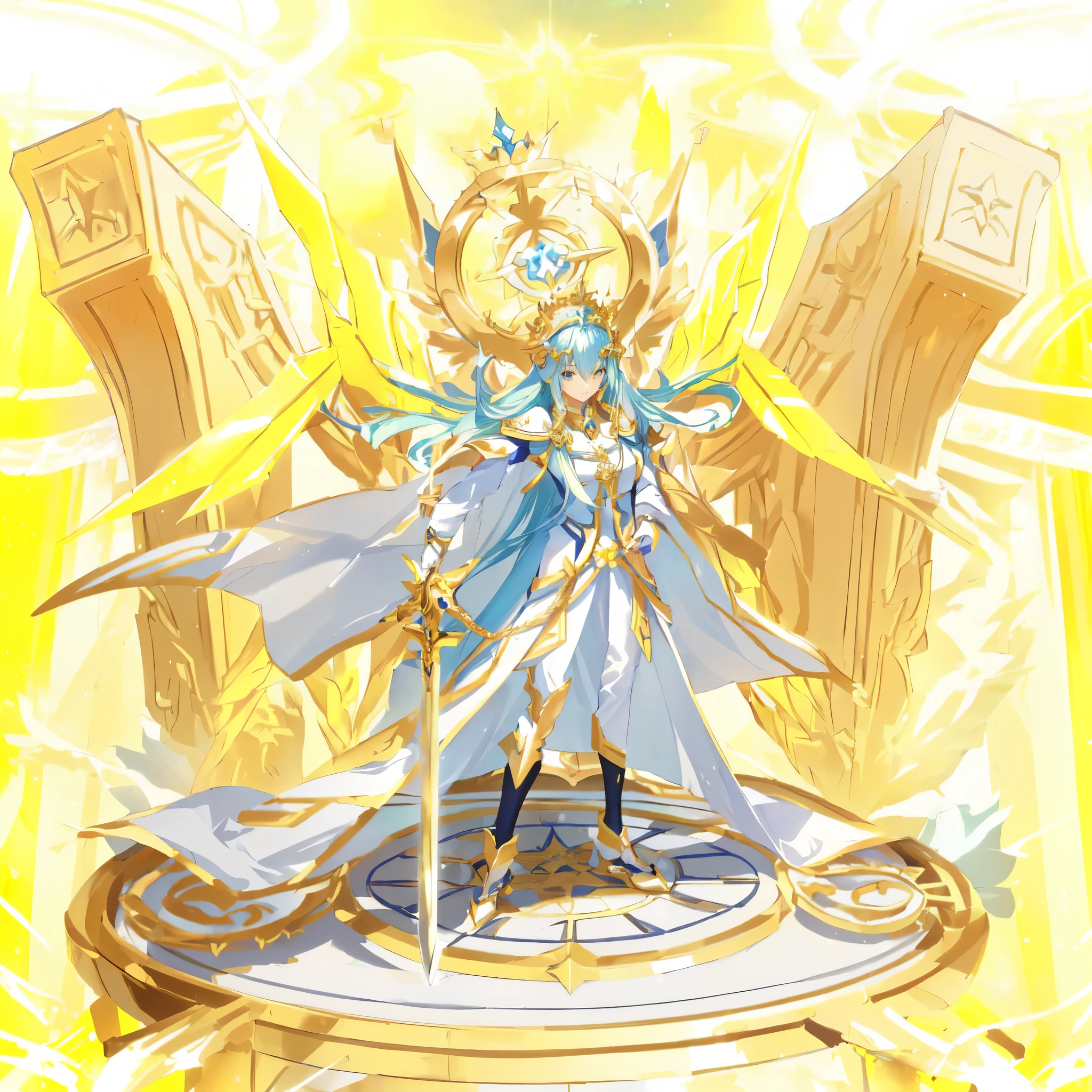 Highest quality,Anime Goddess,Goddess with long blue hair and a crown,Angel,Anime character holding a sword and wearing golden armor, Angel般的金色盔甲,Zodiac Knight Girl,Goddess of Light