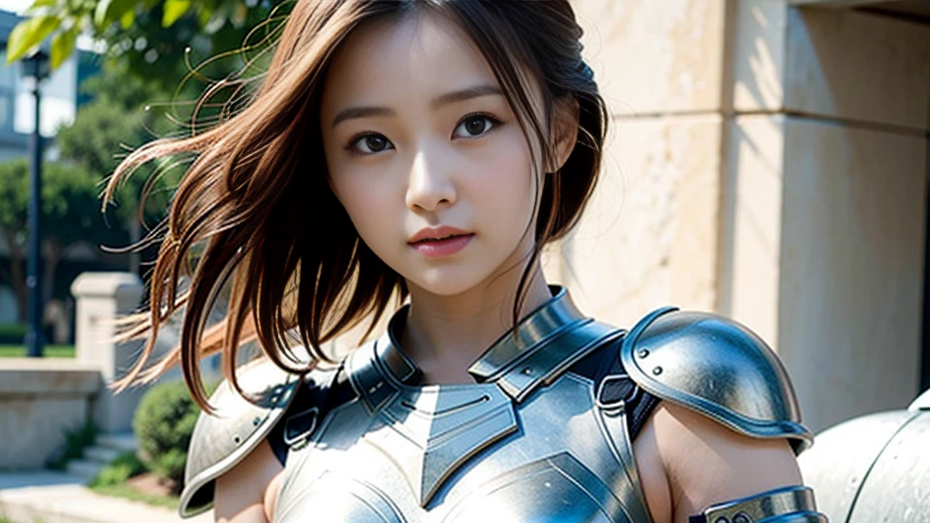 masterpiece, highest quality、Raw photo, Photorealistic、one girl warrior、White Armor、Small breasts、unbelievably ridiculous、Depth of written boundary, High resolution, Ultra-detailed, Sharp focus, Cinema Lighting、Add highlights to the eyes