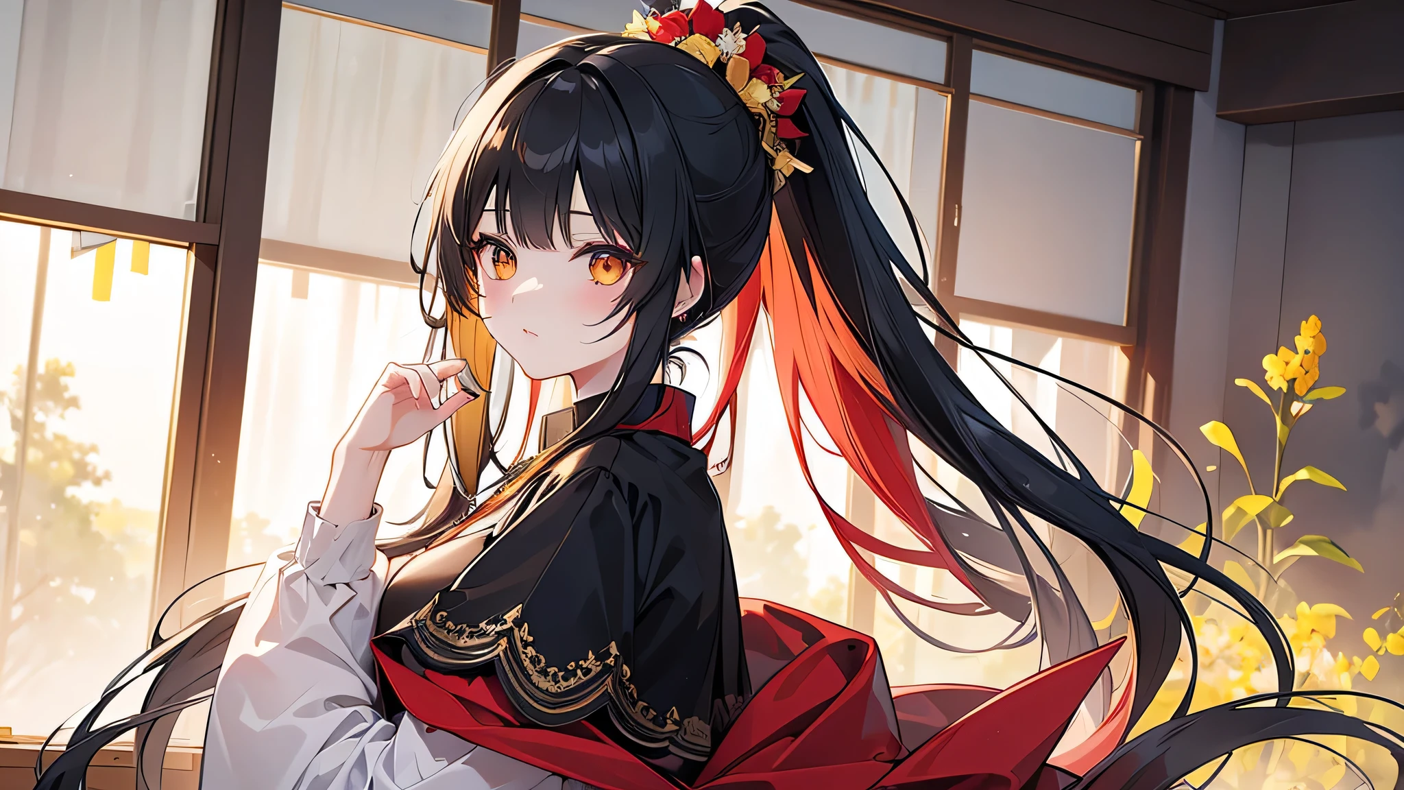 myself, yellow_student, +_+, black_hair, expensive_ponytail, red_flower_hair_ornament, masterpiece, highest quality, Super detailed, figure, alone, One girl