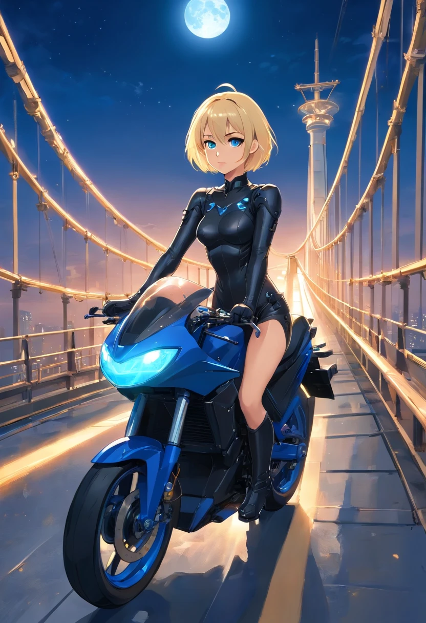 17 years old Women, ((Blonde)), ((Blue eyes)), ((Short hair)), ((Full shot)), She wears an all black catwoman costume with high heeled boots, She is driving a futuristic motorcycle across a suspension bridge, the moon is in the background, ((Full Body))