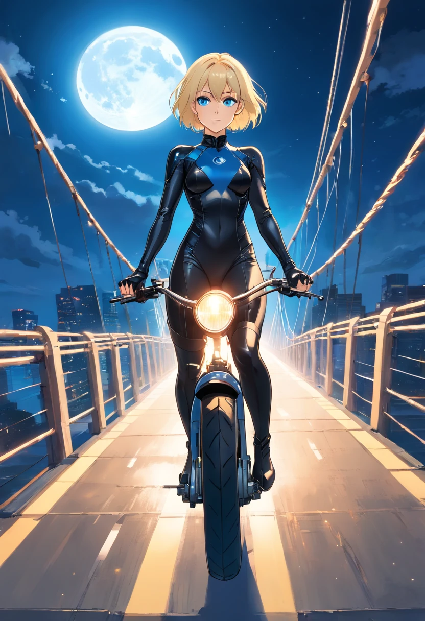 17 years old Women, ((Blonde)), ((Blue eyes)), ((Short hair)), ((Full shot)), She wears an all black catwoman costume with high heeled boots, She is driving a futuristic motorcycle across a suspension bridge, the moon is in the background, ((Full Body))