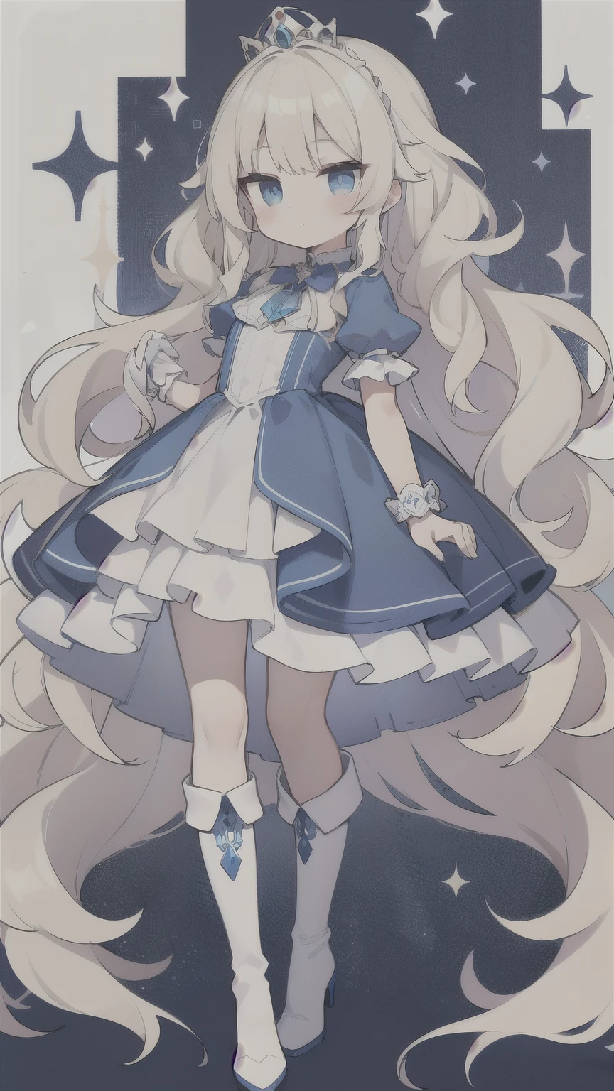 Platinum blonde curly and super long hair,Princess,age Girl,blue eyes,White Dress,long high heel boots