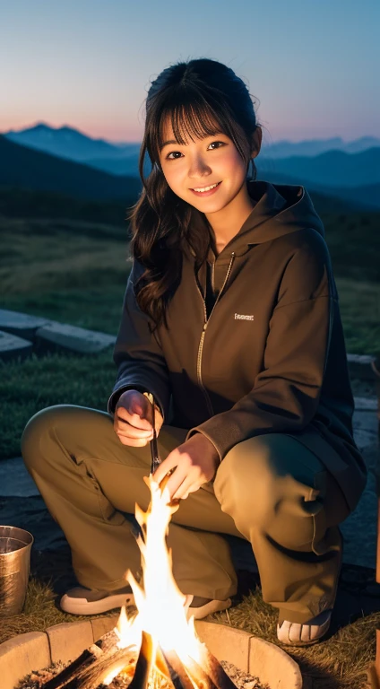 (highest quality,8k,masterpiece:1.3,),(超A high resolution,Photorealistic:1.4,Raw photo),(Ultra-detailed,Glowing Skin,Delicate skin),(Detailed face,Perfect Anatomy,Caustics),(Little girl making a bonfire in the mountains),Sit by the bonfire,cute,18-year-old,Japanese,Japanese Ido,smile,Looking into the camera,A dark-haired,Short Ponytail,Large Breasts,Hooded parka,Long trousers,Espadrilles,dark,Late at night,bonfire lit,moonlight,Stars in the night sky,Low angle,