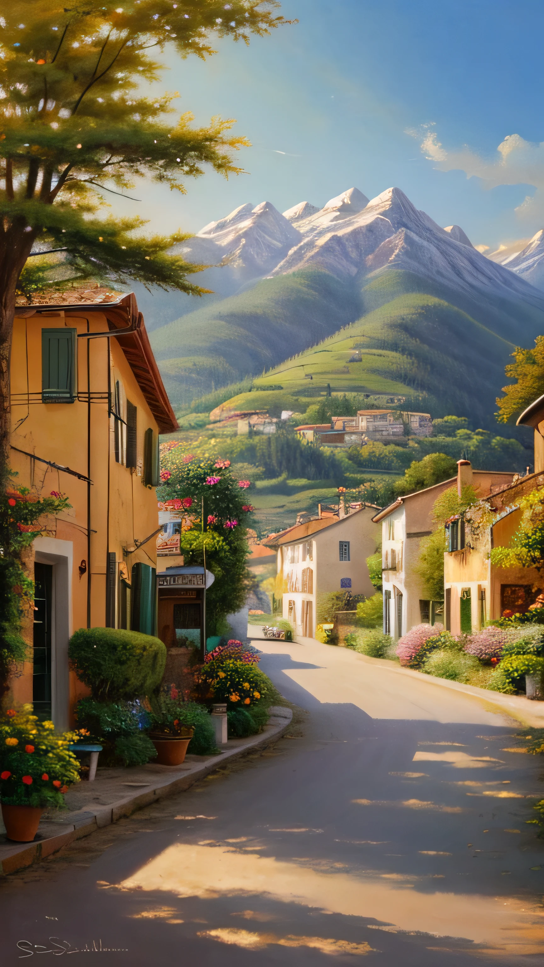 beautiful oil painting of village, Villa Bella, Italy, Written by Sung Kim