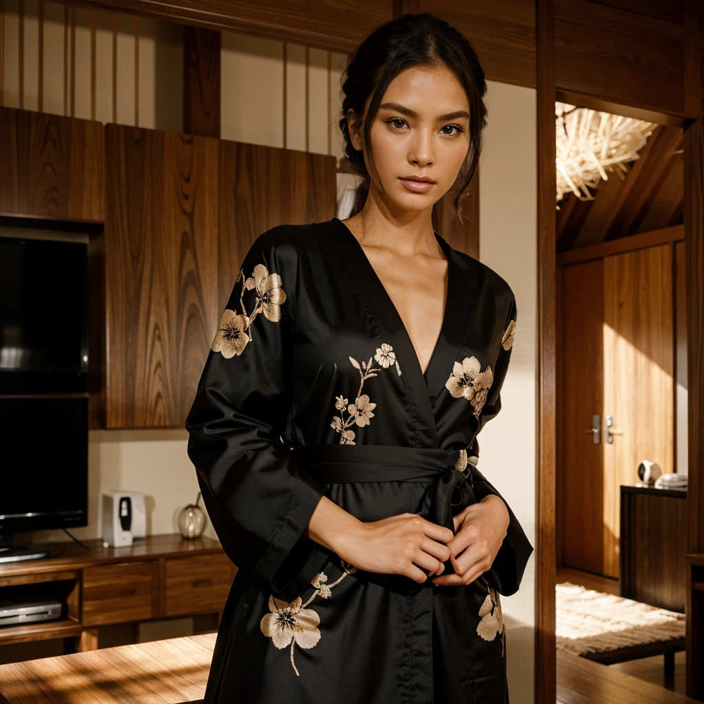 Female supermodel. Black Kimono. Wood. Living room. Close-up.