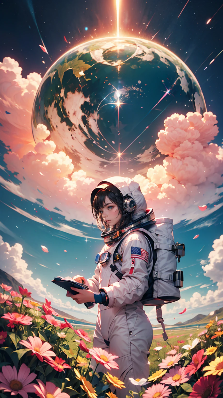A female astronaut walks through a sea of flowers interspersed with pink clouds，Lonely Astronaut，Astronauts cannot leave this planet，The astronaut is lost in the infinite universe.