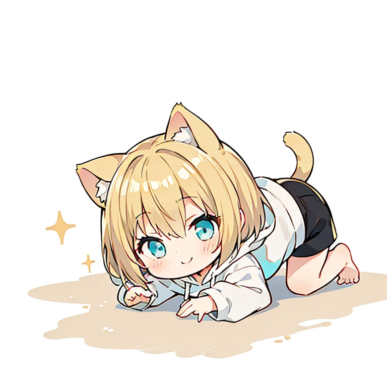 smile、Beautiful young girl with blonde hair、 Bright lighting,Crawling forward,crawl forward,Blonde hair, turquoise eyes, short mash hair,CHIBI、Cat ear、Plain white hoodie, black shorts, barefoot