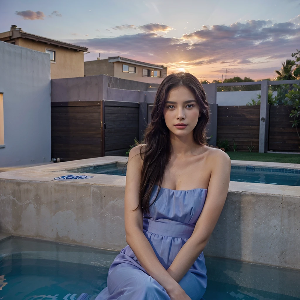 Female supermodel. Pastel purple wall. Backyard. Plunge pool. Midnight blue evening dress. Sunset. Close-up.