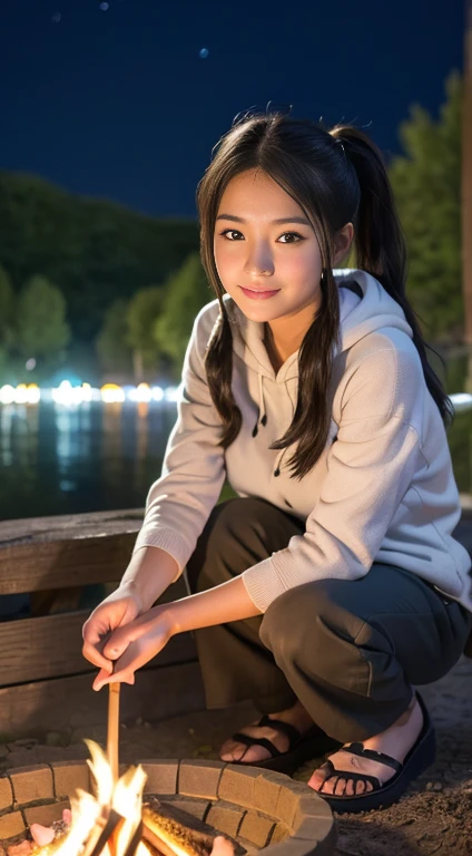 (highest quality,8k,masterpiece:1.3,),(超A high resolution,Photorealistic:1.4,Raw photo),(Ultra-detailed,Glowing Skin,Delicate skin),(Detailed face,Perfect Anatomy,Caustics),( girl making a bonfire in the mountains),Sit by the bonfire,cute,18-year-old,Japanese,Japanese Ido,smile,Looking into the camera,A dark-haired,Short Ponytail,Large Breasts,Hooded parka,Long trousers,Espadrilles,dark,Late at night,bonfire lit,moonlight,Stars in the night sky,Low angle,Grilled skewered river fish、