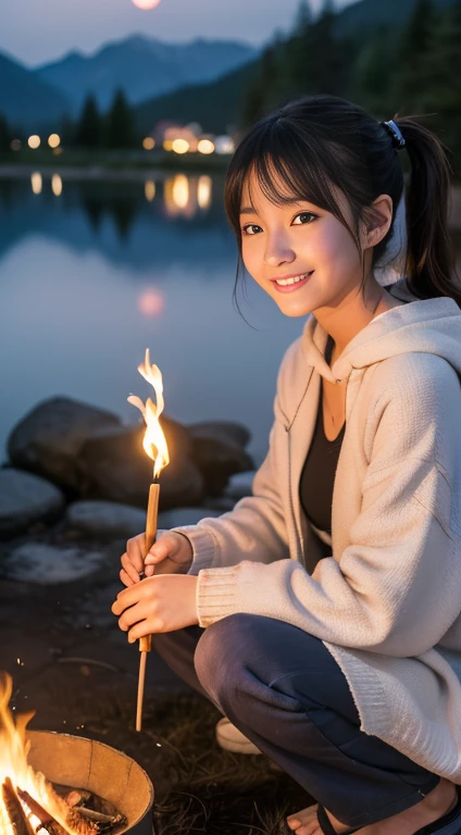 (highest quality,8k,masterpiece:1.3,),(超A high resolution,Photorealistic:1.4,Raw photo),(Ultra-detailed,Glowing Skin,Delicate skin),(Detailed face,Perfect Anatomy,Caustics),(Little girl making a bonfire in the mountains),Sit by the bonfire,cute,18-year-old,Japanese,Japanese Ido,smile,Looking into the camera,A dark-haired,Short Ponytail,Large Breasts,Hooded parka,Long trousers,Espadrilles,dark,Late at night,bonfire lit,moonlight,Stars in the night sky,Low angle,Grilled skewered river fish、