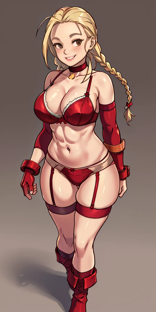 ((Masterpiece, 4k, plain background:1.2)) (handuffed behind her back)) Cammy White Street Fighter full body standing straight symmetrical, looking view from back show ass to me, (2 crossing big belt under belly button, navel, abs, garter straps belts, bra big knockers, wide hips, thick thighs legs apart, smile red cheeks, long messy hair with 2 braids, leather collar choker, red high boots bootstraps with red stockings, sleeves with red gloves gauntlets, red panties)