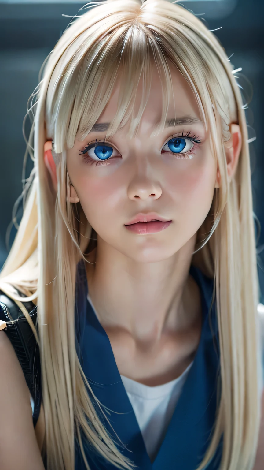 highest quality、8k Masterpiece、Ultra-high resolution、(Realistic:1.3)、RAW Photos、14 year old Scandinavian girl with shiny blonde hair、Silvery blonde hair、Super long straight hair、目とBangs between the eyes、bangs on the face、Bangs that cover the eyes、片Bangs that cover the eyes、Bangs between the eyes、White and glowing skin、1. Cyberpunk Super Beautiful Soldier、((Ultra-Realistic Details))、Portraiture、Global Illumination、Shadow Realm、Octane Rendering、8k、Ultra Sharp、Metal、Cool colors、、Very intricate detail、Realistic Light、Trends of the CG Association、so beautiful, Big bright blue eyes、Very big eyes、Eyes shining at the camera、Neon Details、Small Face Beauty、Round face、Cheek highlight