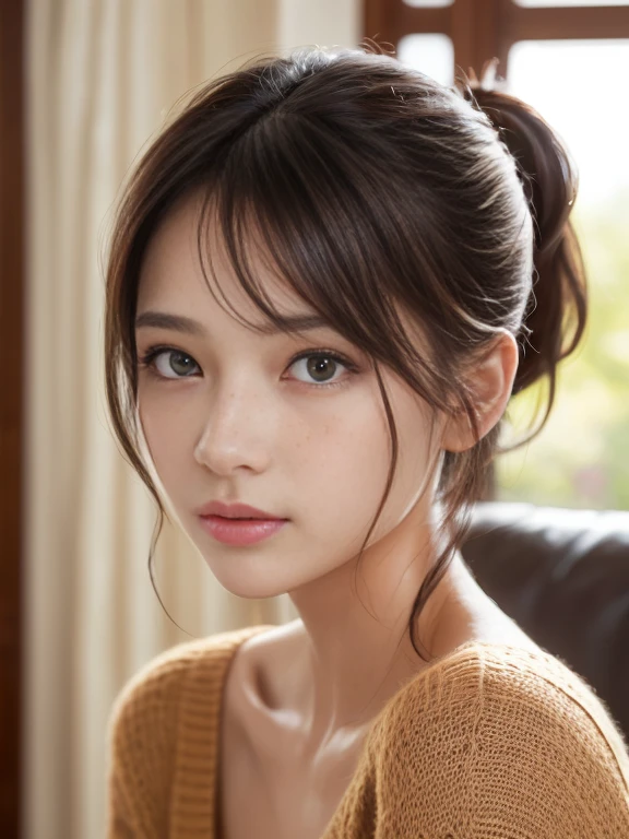 (masterpiece:1.5)、(8k)、(Photorealistic:1.5)、Raw photo、(Best image quality:1.4)、
highest quality、masterpiece、超A high resolution、Soft lighting、
23 years old、thin、Beautiful woman:1.4、
In the living room where the morning sun shines、 Sit on a cozy sofa、
She is wearing an off-the-shoulder knitted sweater、
Light brown hair、ponytail、Shiny Hair、
Super detailed face、Detailed eyes、double eyelid、No makeup、Clear Skin、freckles