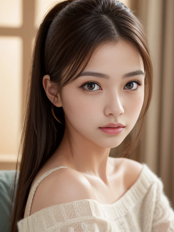 (masterpiece:1.5)、(8k)、(Photorealistic:1.5)、Raw photo、(Best image quality:1.4)、
highest quality、masterpiece、超A high resolution、Soft lighting、
23 years old、thin、Beautiful woman:1.4、
In the living room where the morning sun shines、 Sit on a cozy sofa、
She is wearing an off-the-shoulder knitted sweater、
Light brown hair、ponytail、Shiny Hair、
Super detailed face、Detailed eyes、double eyelid、No makeup、Clear Skin、freckles
