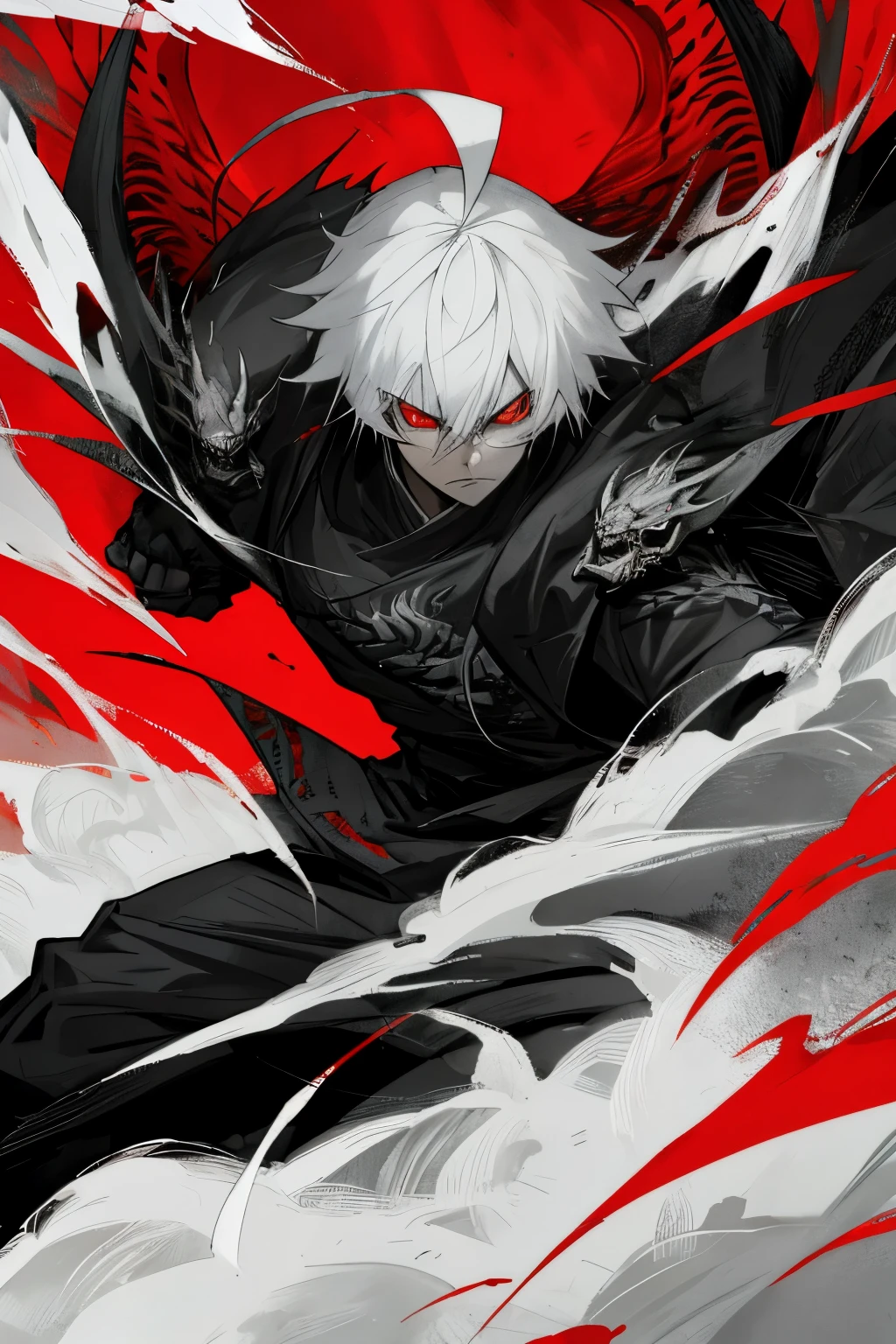 Anime boy with black and white hair, boasting intricate dragon tattoos and red demonic eyes, emerges from a smoky, dark environment with blood-red accents. His intense expression and sharp focus are captured in ultra-detailed illustration, showcasing the best quality of this anime masterpiece. The scene is set in a dynamic angle, with detailed light highlighting the delicate eyes and ahoge (0.8). Apathy radiates from his demeanor, giving off a sense of raw power and cool style. This 4k anime wallpaper offers a badass anime 8k experience, making it an ideal fit for a high-resolution 4k comic wallpaper.