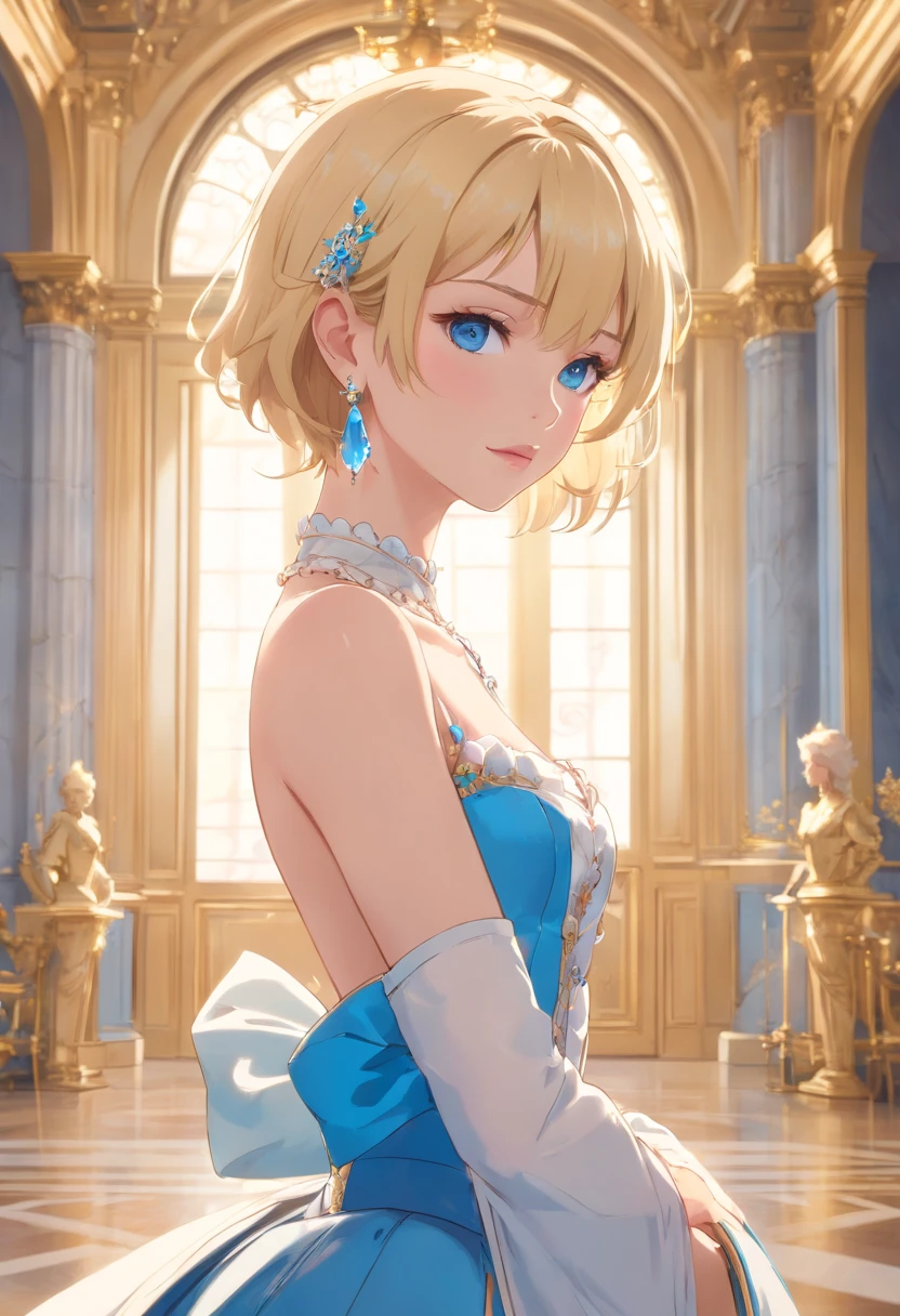  Women, ((Blonde)), ((Blue eyes)), ((Short hair)), ((Full shot)), very detailed makeup, pale pink lipstick, long earrings, bare shoulders, Dressed as a lady of the French court of Louis XIV, at the palace of Versailles ((Full Body))