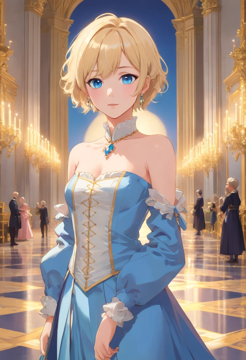 17 years old Women, ((Blonde)), ((Blue eyes)), ((Short hair)), ((Full shot)), very detailed makeup, pale pink lipstick, long earrings, bare shoulders, Dressed as a lady of the French court of Louis XIV, at the palace of Versailles ((Full Body))