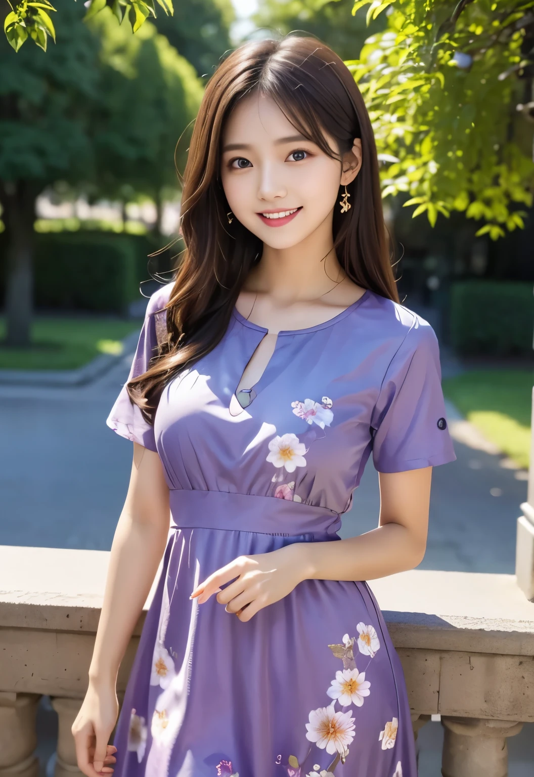 (masterpiece, best quality:1.1), (8k, raw photo, photo realistic:1.2, f22), (shiny skin), detailed skin,long hair,ribbon,detailed face, detailed eyes,smile,BREAK, real world, intricate details, smil, BREAK, 1girl, full body,(short sleeve,dress,purple,flower pattern)BREAK, (tea:1.4)
