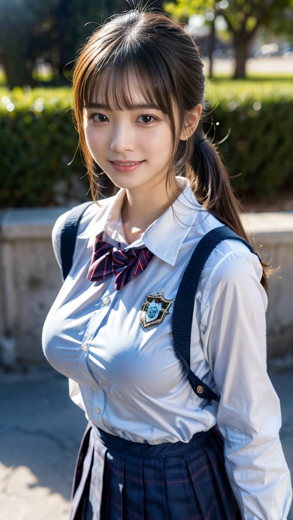 最high quality, 8K, Vibrant, Sharp focus, high quality, High resolution, (high school girl), (whole body), (Very slim and delicate body), Thin and beautiful legs, Thighs, Highly detailed eyes, Thick lips, Plump face, Collared shirt, Navy blue checkered long pleated skirt, Red bow tie, Braid, Glasses, A kind smile, Big Breasts, Leaning forward, 