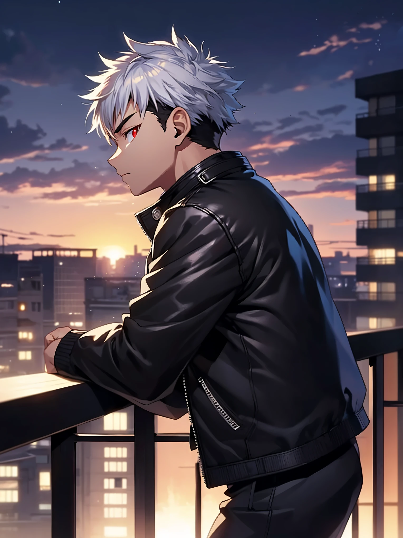 1 boy,Bad mood,sharp eyes,red eyes,(detailed eyes),Black leather jacket,(silver accessories),face,(balcony),from side.side glance,detailed skin,(masterpiece,best quality:1.4),Top Quality,High quality,Ultra detailed,insanely detailed,anime style