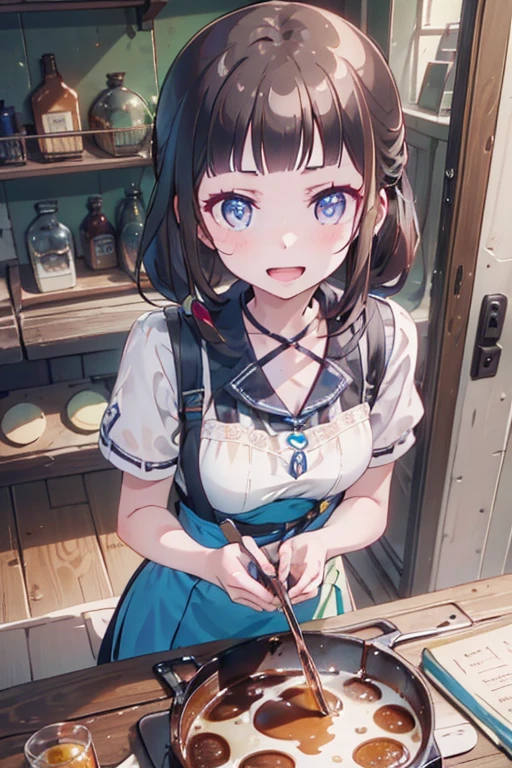 (from above:1.2) (highest quality:1.5),(8k,masterpiece, top quality, best quality,beautiful and aesthetic:1.2,professional illustrasion:1.1,ultra detail:1.3,perfect lighting),extremely detailed,highest detailed,incredibly absurdres , highres, ultra detailed,intricate:1.3,(Alchemy Workshop:1.4),A girl mixing,Medicine in many small bottles,colorful:1.4,zentangle,(1girl),(highly detailed beautiful face and eyes,firm breasts),real skin,((brown hair,long pony tail hair)),thin pubic hair:1.3,cute,lovely,17 years old, learning a cook, alchemist costume,smile,in the kitchen,smile,seductive weak smiling,(with sparkling eyes and a contagious smile),open mouth, Looking at Viewer,