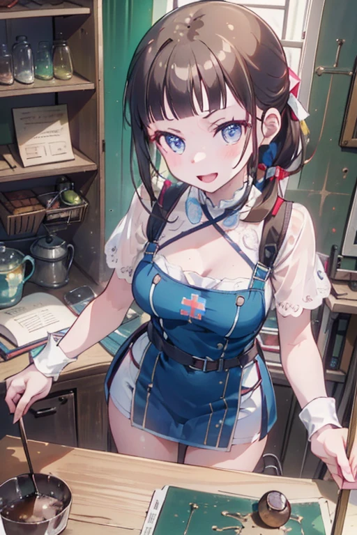 (from above:1.2) (highest quality:1.5),(8k,masterpiece, top quality, best quality,beautiful and aesthetic:1.2,professional illustrasion:1.1,ultra detail:1.3,perfect lighting),extremely detailed,highest detailed,incredibly absurdres , highres, ultra detailed,intricate:1.3,(Alchemy Workshop:1.4),A girl mixing,Medicine in many small bottles,colorful:1.4,zentangle,(1girl),(highly detailed beautiful face and eyes,firm breasts),real skin,((brown hair,long pony tail hair)),thin pubic hair:1.3,cute,lovely,17 years old, learning a cook, alchemist costume,smile,in the kitchen,smile,seductive weak smiling,(with sparkling eyes and a contagious smile),open mouth, Looking at Viewer,