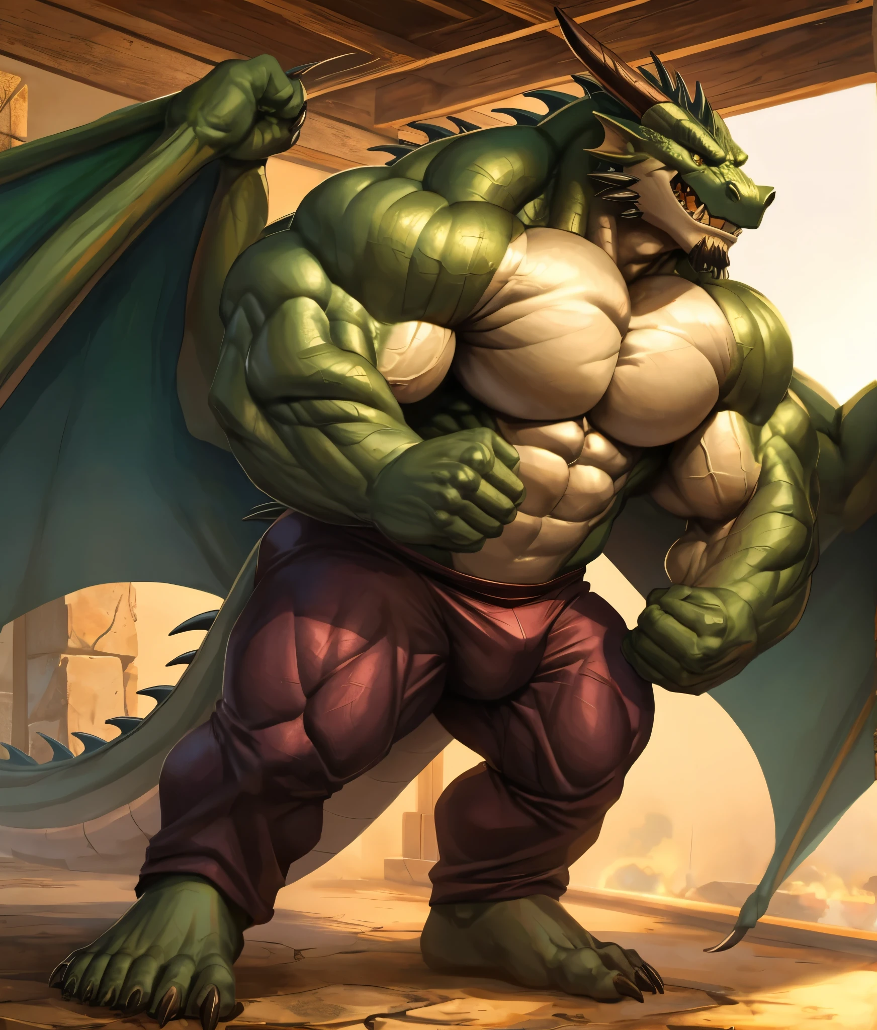 "A dragon orc, green dragon,Strong body,muscular,Full of strength and wildness。His skin shows dark scales,Like dragon scales,Shining with a hard and mysterious luster。His face,meio humano e meio animal,Beast pupils are deep,Exuding a majesty that cannot be ignored。
His arms are like giant pillars,Well defined muscles,Like a carved work of art,Every muscle is full of strength。His palms are broad,Sharp claws,As if it can tear everything apart。
His leg muscles are also well developed,Thighs are like iron pillars,Calf lines are smooth and powerful,Every step can leave a deep mark。his feet,Thick and powerful,As if it can crush all obstacles。
His back,A pair of huge dragon wings spread out,Tight wing membrane,Muscle lines are clearly visible under the wings,As if ready to fly high at any time。on his back,A thick dragon tail swings,The scales on the tip of the tail shone with a cold light,Looks both powerful and mysterious。
The overall picture is dominated by dark tones,Emphasis on the wildness and strength of the draconic orcs,At the same time, it also retains the delicate sculpting of muscles.。In the treatment of light and shadow,Let the sun shine from one side,Illuminating the strong muscles of the drake orc,Make it more three-dimensional and vivid。In the details,Pay attention to portraying the facial expressions and eyes of the dragon beast,Make it more personal and vital。"