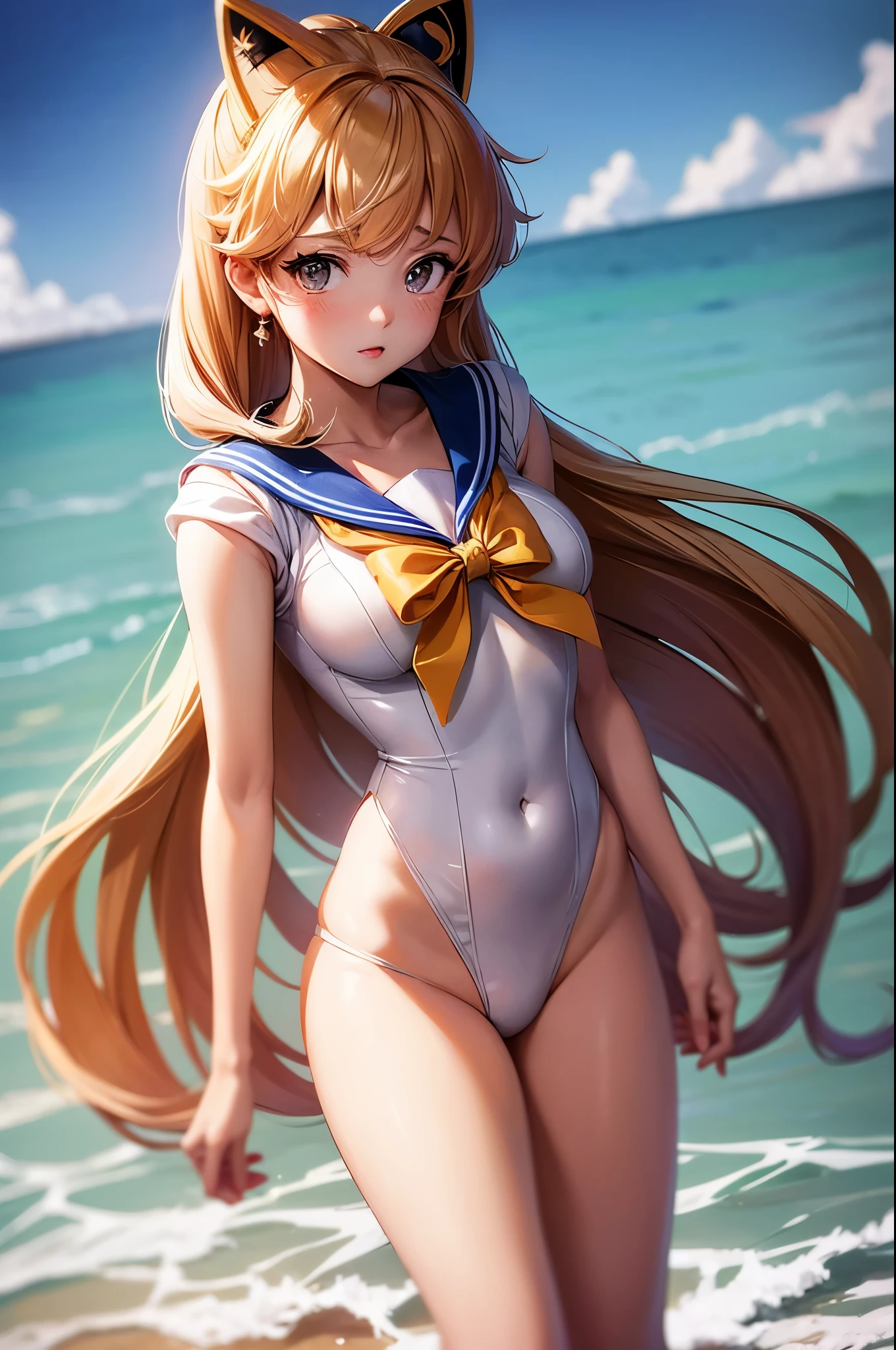 リアルphotograph、The real picture、Best image quality、プールサイドでポーズをとるSailor suitの金髪の女の子, anime girl , photograph, anime , Sailor Venus 、A style that shows off white panties, Anne Takamaki from Persona 5, Ayaka , Sailor suit, Junko Enoshima, Azur Lane Style, summer、, Sailor Moon!!!!!!!!, - Artist: Sailor Moon, anime girl in real life, advertisement