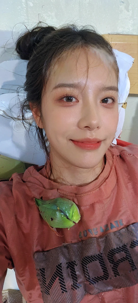 Best quality,Masterpiece,Ultra-high resolution,(Photorealistic:1.4),RAW photo,(Authentic skin texture:1.3),,(filmgrain:1.3),(Selfie angle),1girll,,Beautiful detailed eyes and face,Masterpiece,Best quality,Close-up,The upper part of the body,high-necksweater,white background,grin