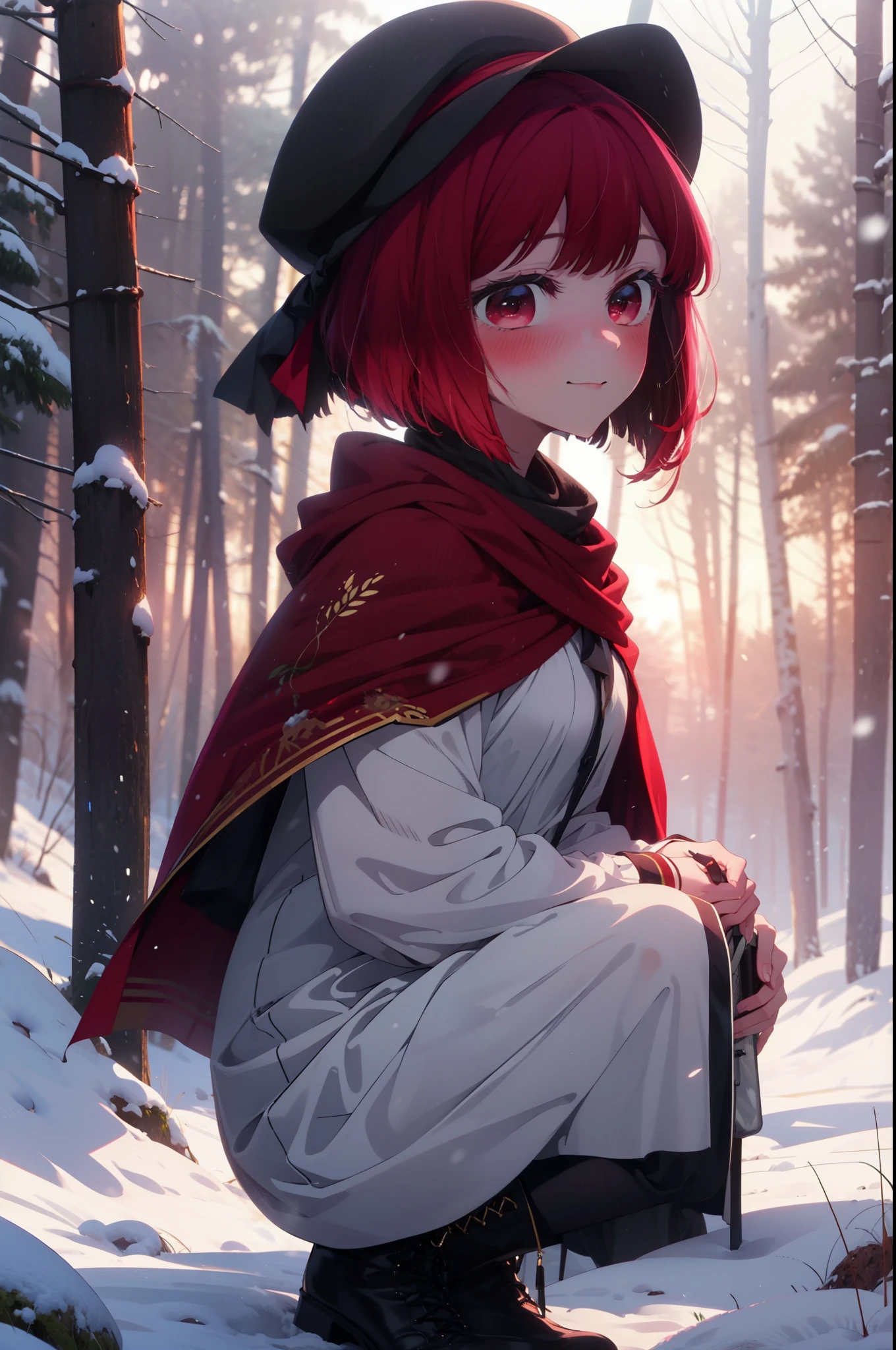 canary, Arima etc.., short hair, bangs, (Red eyes:1.3), Redhead, Bobcut, smile,Small breasts,
break hat, dress, ribbon,hair band,smile,blush,White Breath,
Open your mouth,snow,Ground bonfire, Outdoor, boots, snowing, From the side, wood, suitcase, Cape, Blurred, , forest, White handbag, nature, Squat, Mouth closed, Cape, winter, Written boundary depth, Black shoes, red Cape break looking at viewer, Upper Body, whole body, break Outdoor, forest, nature, break (masterpiece:1.2), highest quality, High resolution, unity 8k wallpaper, (shape:0.8), (Beautiful and beautiful eyes:1.6), Highly detailed face, Perfect lighting, Highly detailed CG, (Perfect hands, Perfect Anatomy),
