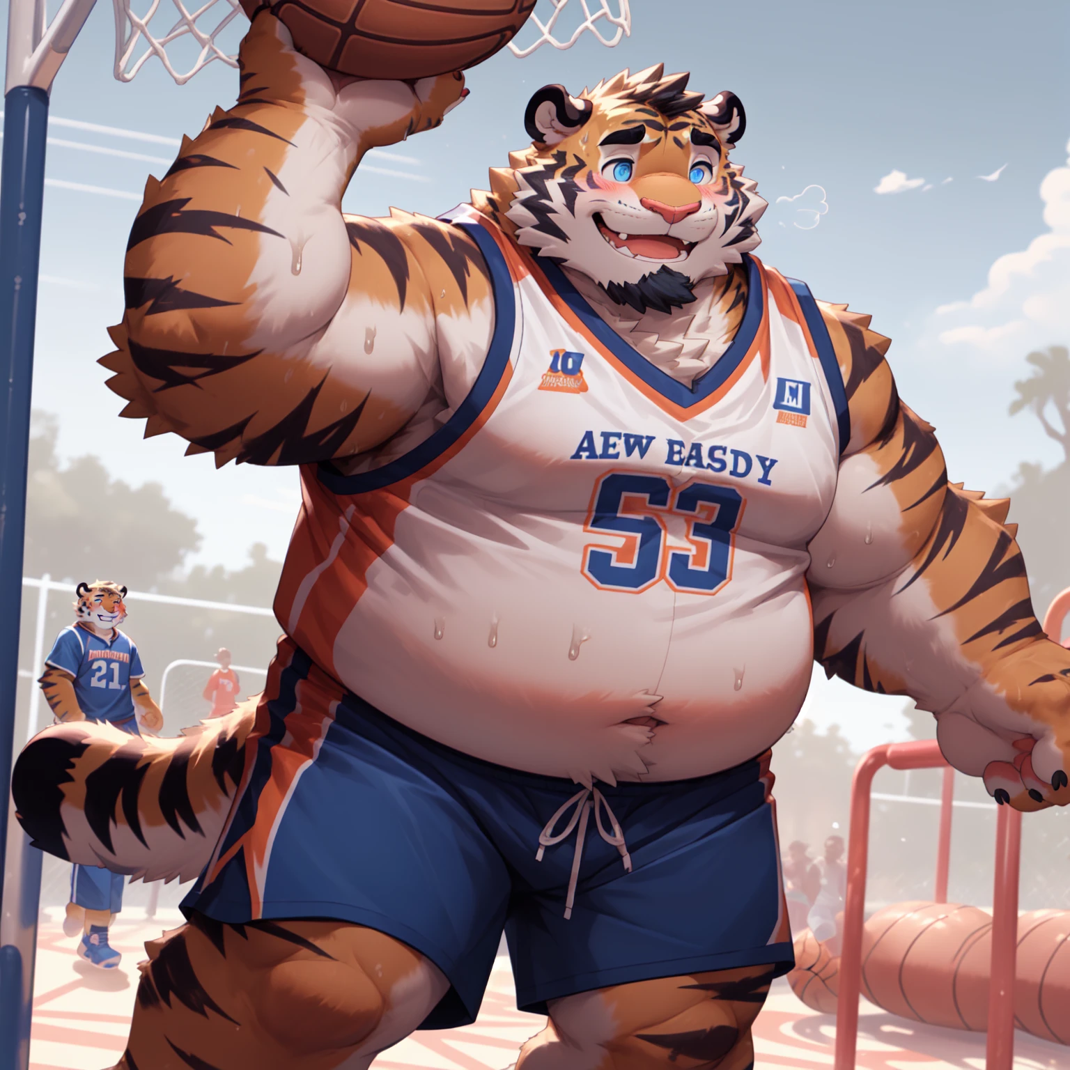 New Jersey 5 Furry,Tiger，Chubby，Fat，Thick arms，Rugged muscles，shorts，Plush fur，Chubby脸，Black eyebrows，Sky blue eyes，Beard，(White basketball jersey), (On the playground),(happy eyes:1.2),（Holding a basketball：1.5），blush，Smile，Sweating