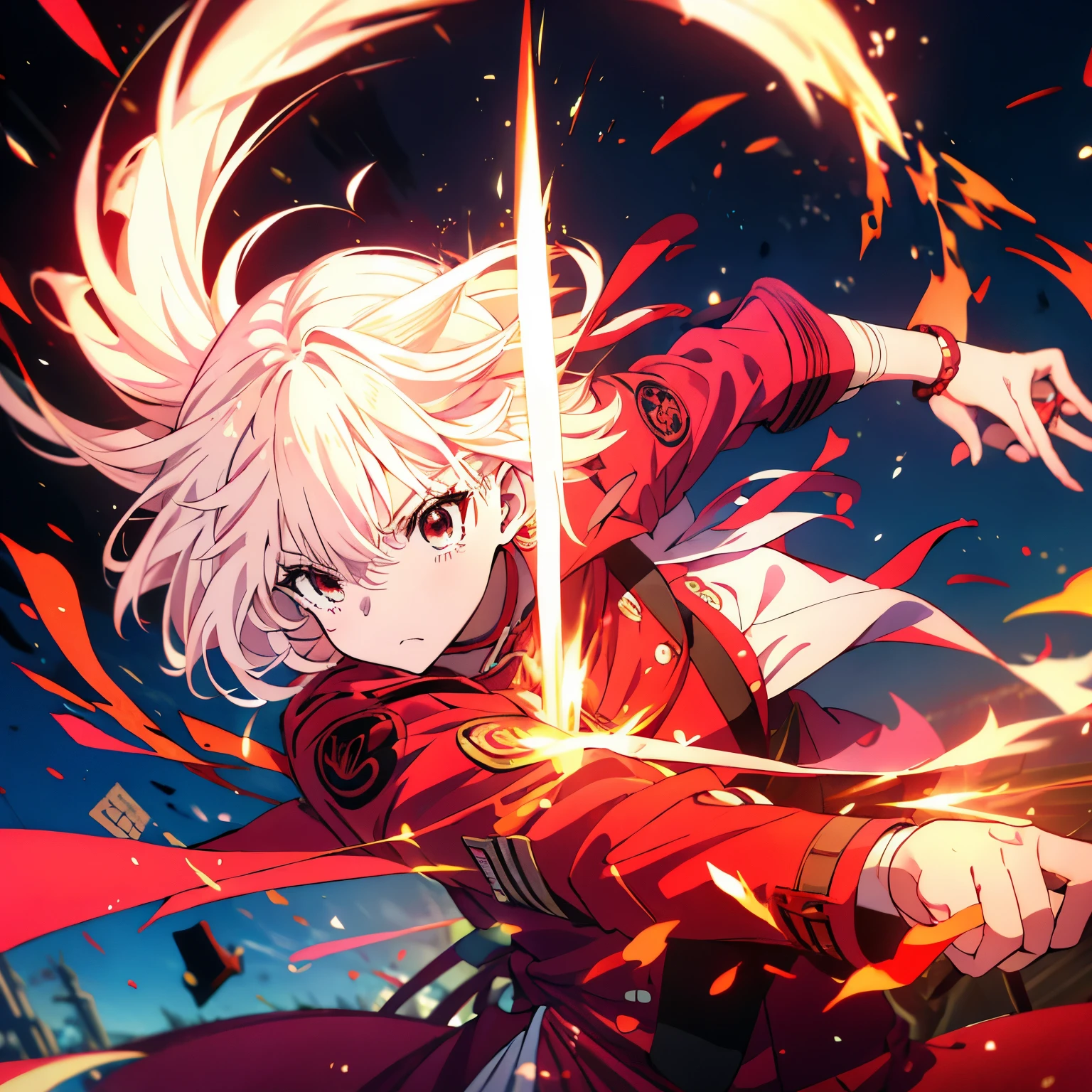 Masterpiece、Nishikigi Sensoku、Blonde、Red ribbon、Red Eyes、Serious face、Red Uniform、Firing a pistol、night、full moon