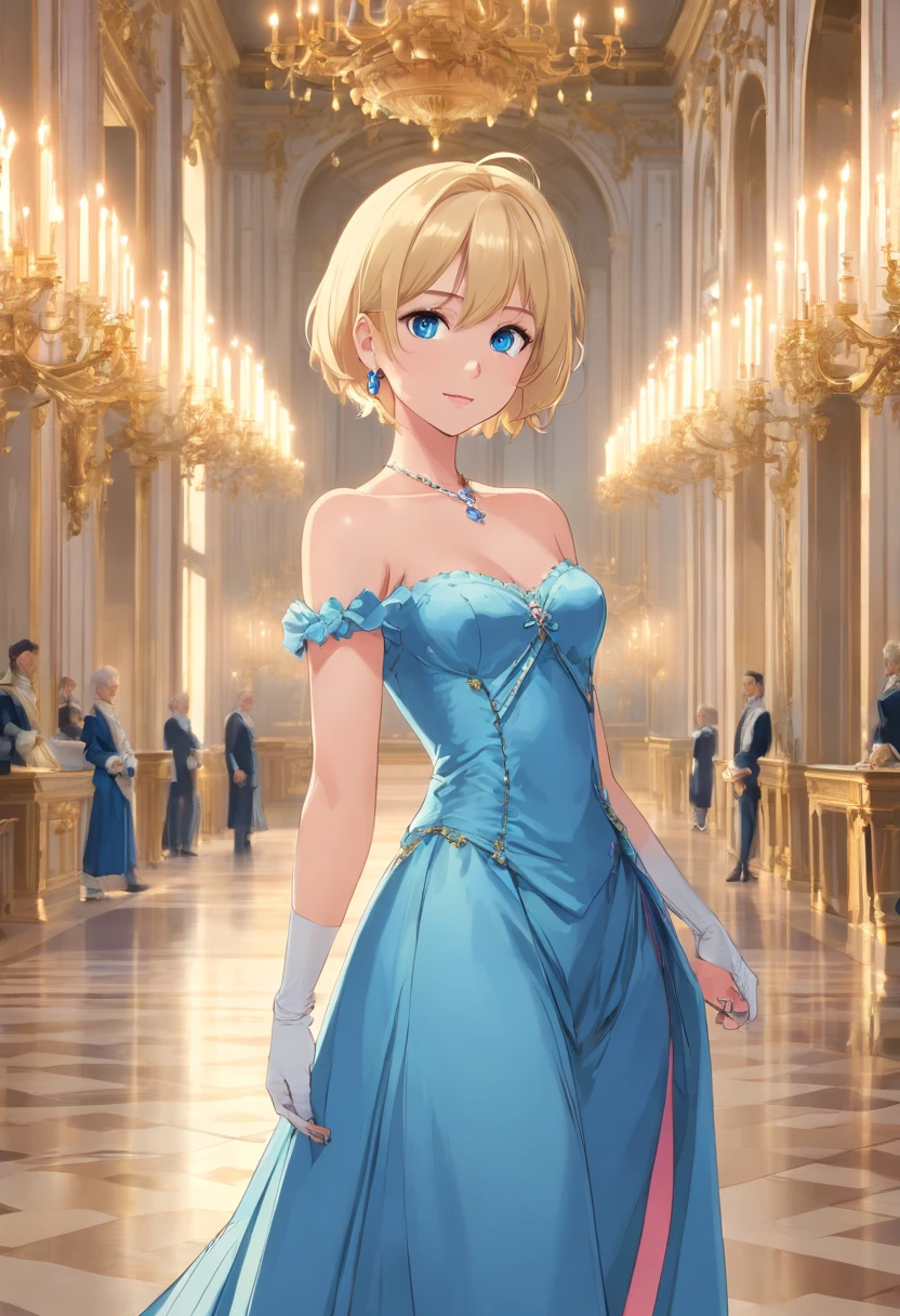 17 years old Women, ((Blonde)), ((Blue eyes)), ((Short hair)), ((Full shot)), very detailed makeup, pale pink lipstick, long earrings, bare shoulders, Dressed as a lady of the French court of Louis XIV, at the palace of Versailles, We look her Shoes ((Full Body))