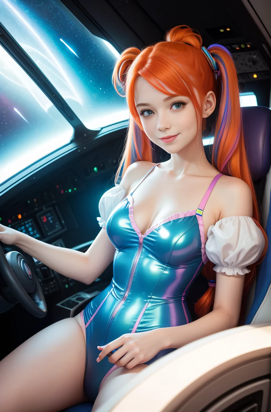 chemise(overhead view) Cute redhead with rainbow colored hair tips, ribbons in her hair, 18-year-old woman, happy, smiling, in twin tails, perfect eyes, clear sparkling blue eyes, pale skin, silky smooth white skin, alabaster skin, flying a fancy metal luxurious space ship, futuristic cockpit, she's a pilot, outer space seen in windows, dark warm lighting, wearing a futuristic silk body suit, low cut top (chemise), (pastel rainbow colors, and polka dots), puffy sleeves silk.