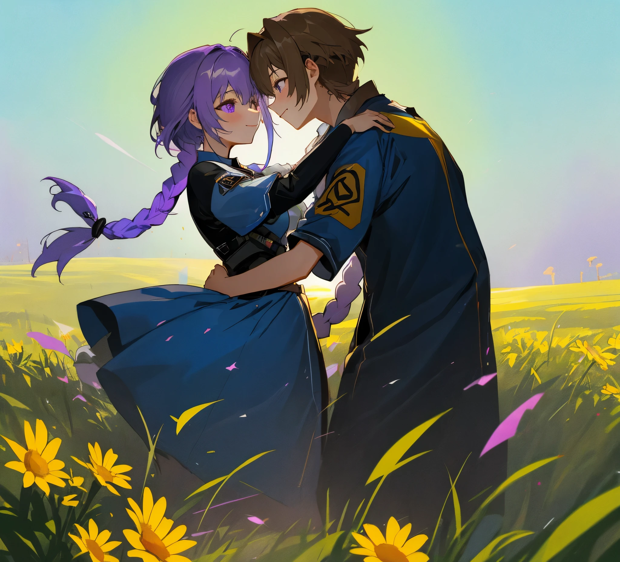 1 boy,A girl with purple and white gradient double braids and a long ponytail,,young,energetic,Nature,Sunny meadow background,Smiley Face,eye contact,tender emotions,Sweet atmosphere,illustration,Soft colors,best quality,4k,8K,High resolution,masterpiece:1.2,Extremely detailed,Practical,photoPractical:1.37,Studio Lighting,professional,Soft Focus,Bright colors,Luminous lighting