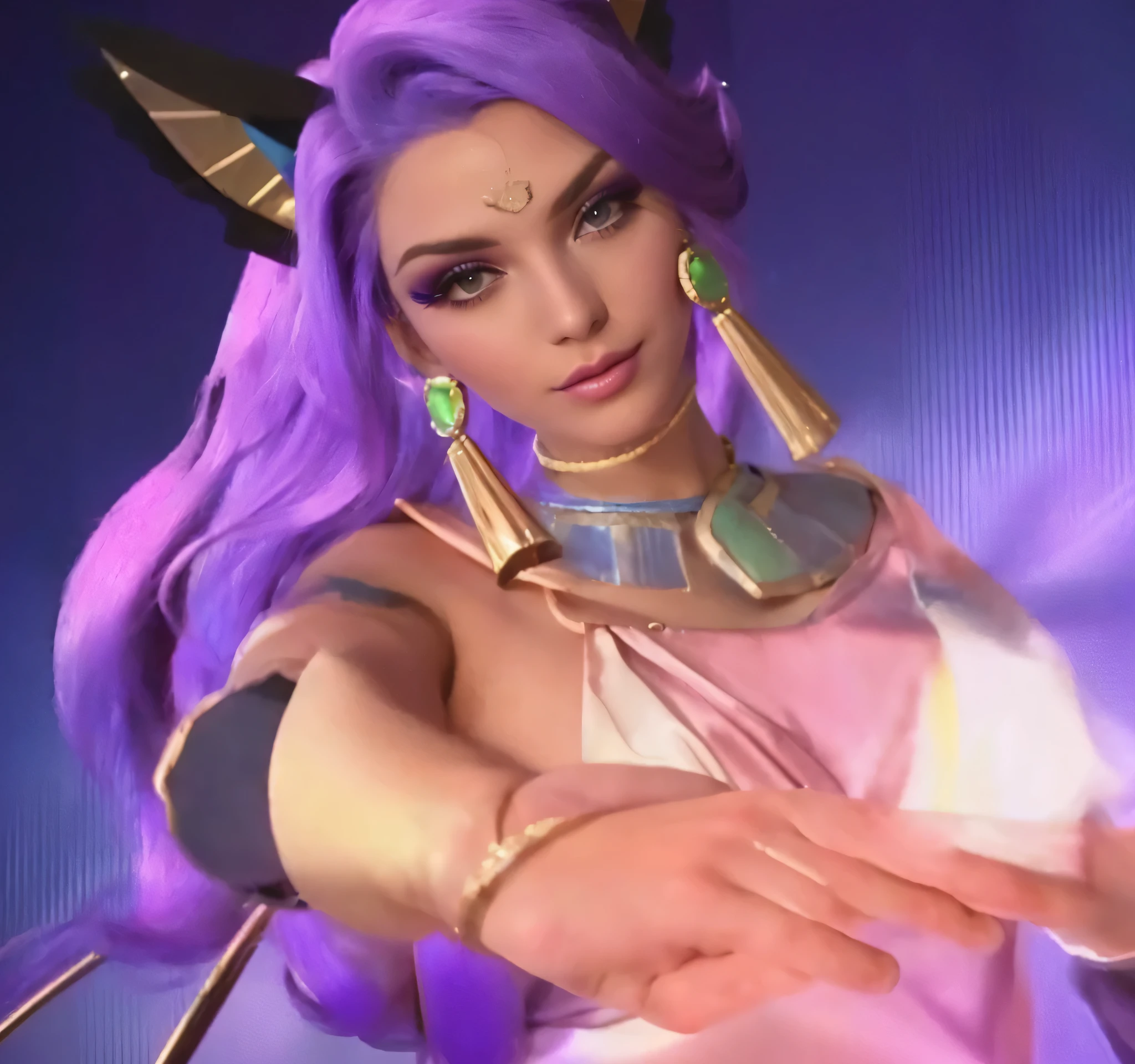 a close up of a woman with purple hair and a purple outfit