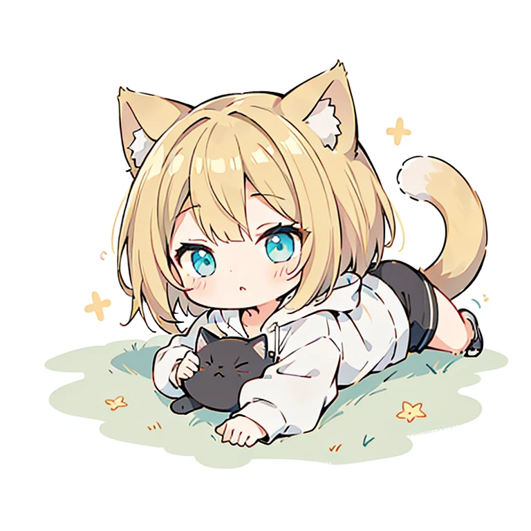 Sleepy face、Beautiful young girl with blonde hair、 Bright lighting,Crawling forward,crawl forward,Blonde hair, turquoise eyes, short mash hair,CHIBI、Cat ear、Plain white hoodie, black shorts, black sneakers