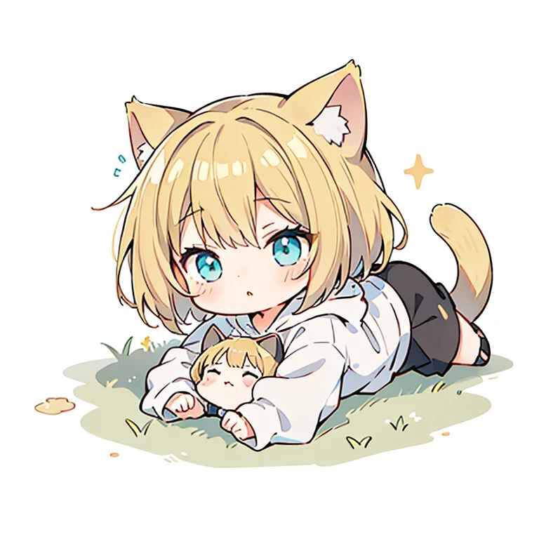 Sleepy face、Beautiful young girl with blonde hair、 Bright lighting,Crawling forward,crawl forward,Blonde hair, turquoise eyes, short mash hair,CHIBI、Cat ear、Plain white hoodie, black shorts, black sneakers