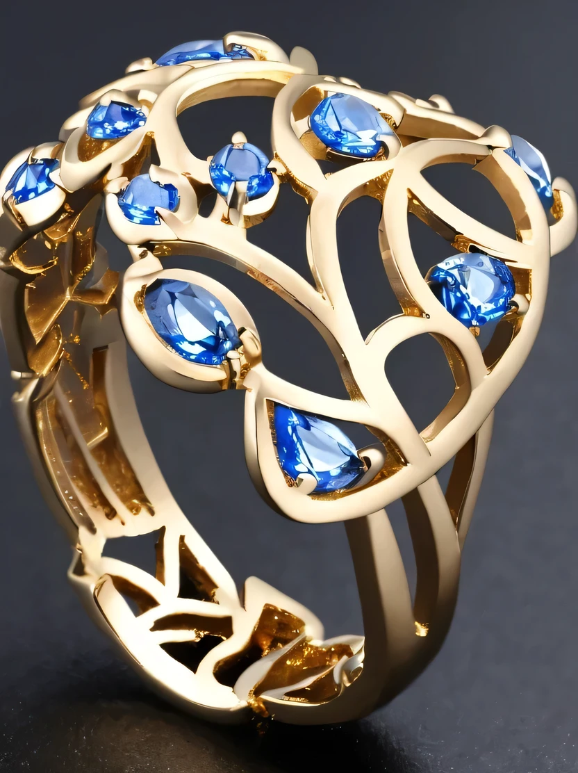((masterpiece、highest quality、Very detailed、High resolution、Photorealistic、Sharp focus、Cinema Lighting))、((There is no one))、One ring、Gold and silver rings、Blue Gem、Complex Pattern、Complex and unusual design、Sparkling sapphires decorate this enchanting ring、Beautiful color gradation、Background is marble table surface