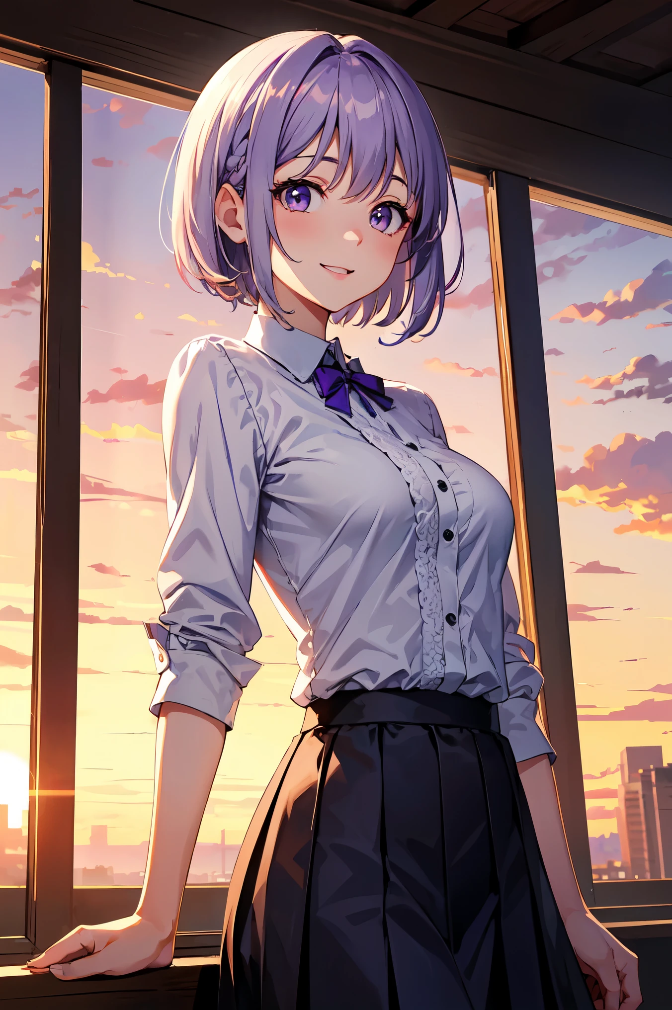 highest quality, Detailed face, One girl, Mid-breasted, smile, Casual clothing, skirt, (Charm, Puffy eyes:1.2), Excellent ???????, View Viewer, Soft Focus, Golden Hour Lighting, Depth of written boundary, Short Hair, Happy expression, White purple hair, Lace shirt, skirt, Sunset sky