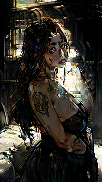 a tattooed woman being carried by crows. Her eyes exude confidence, displaying courage and determination. This illustration celebrates the strength and beauty of women, inspiring viewers with its powerful depiction. insanely detailed, (masterpiece), best quality, 8k, ultra high res, High contrast and low saturation, (Anatomy-based character design), by BoochaN