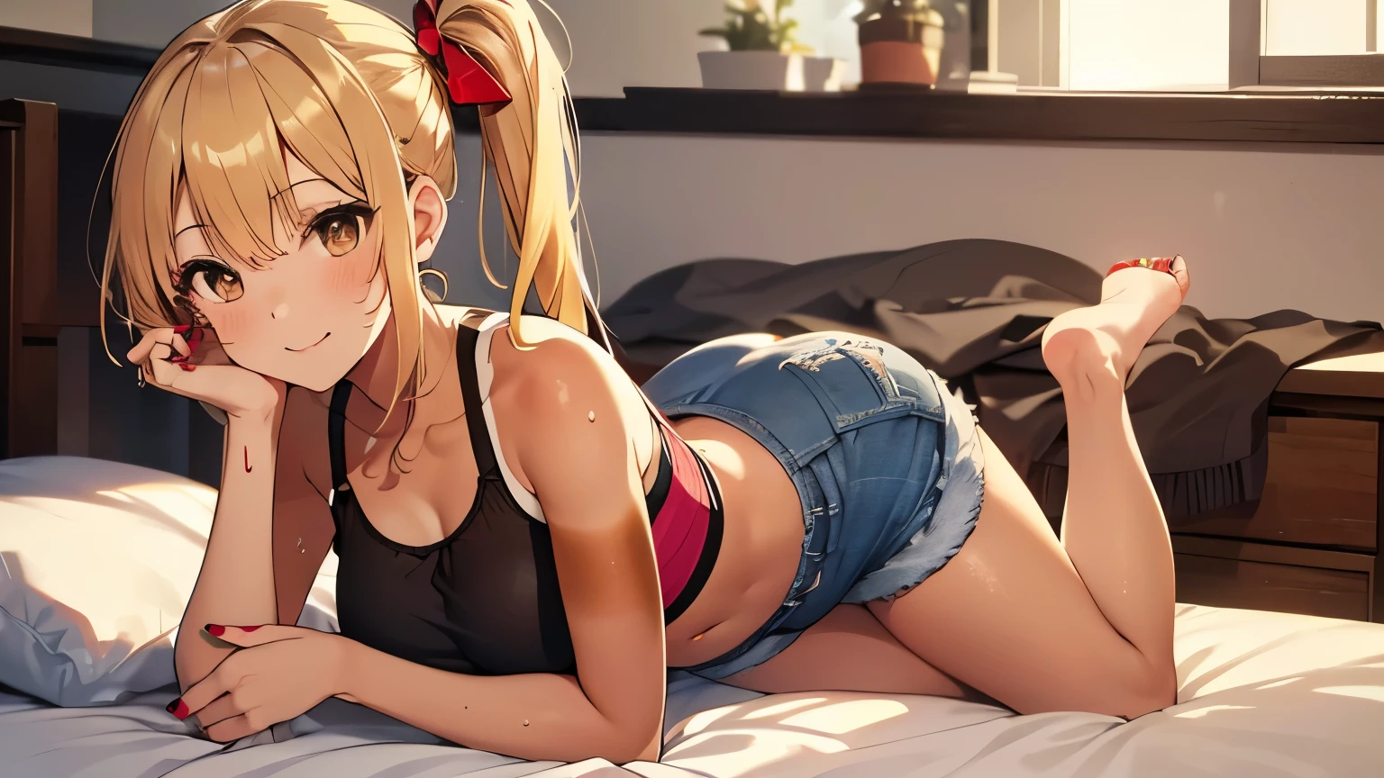 highest quality、 bra、Beige shorts、Cool look、Stretch your legs in the room、Armpit sweat、Grass、Ecstasy face,(Charming person)， (girl１name)， (Highly detailed face, smile) ,, (日本のgirl), Slightly round face, (Tan brown face:1.6), cute, Big eyes、2D，highest quality，(masterpiece)，(((Whole body image)))，(((Head to toe on screen:1.2)))，(extra long hair:1.6)，(side ponytail:1.6),((yellow hair))，Healthy brown skin，((Denim hot pants))，Pink-halter top，Shining bare feet，barefoot，Beautiful brown eyes，Attractive thighs，Untidy body type，Bedroom，get drunk，Upward glance，cheeks are bright red，あざでcute，Sexy as hell，Erotic look，Large drops of sweat all over the body，Humidity，Sleep with your legs stretched、My Room、（Lie down in bed.），Side View Angle，Angle that emphasizes the buttocks，(Red nails on legs:1.2)