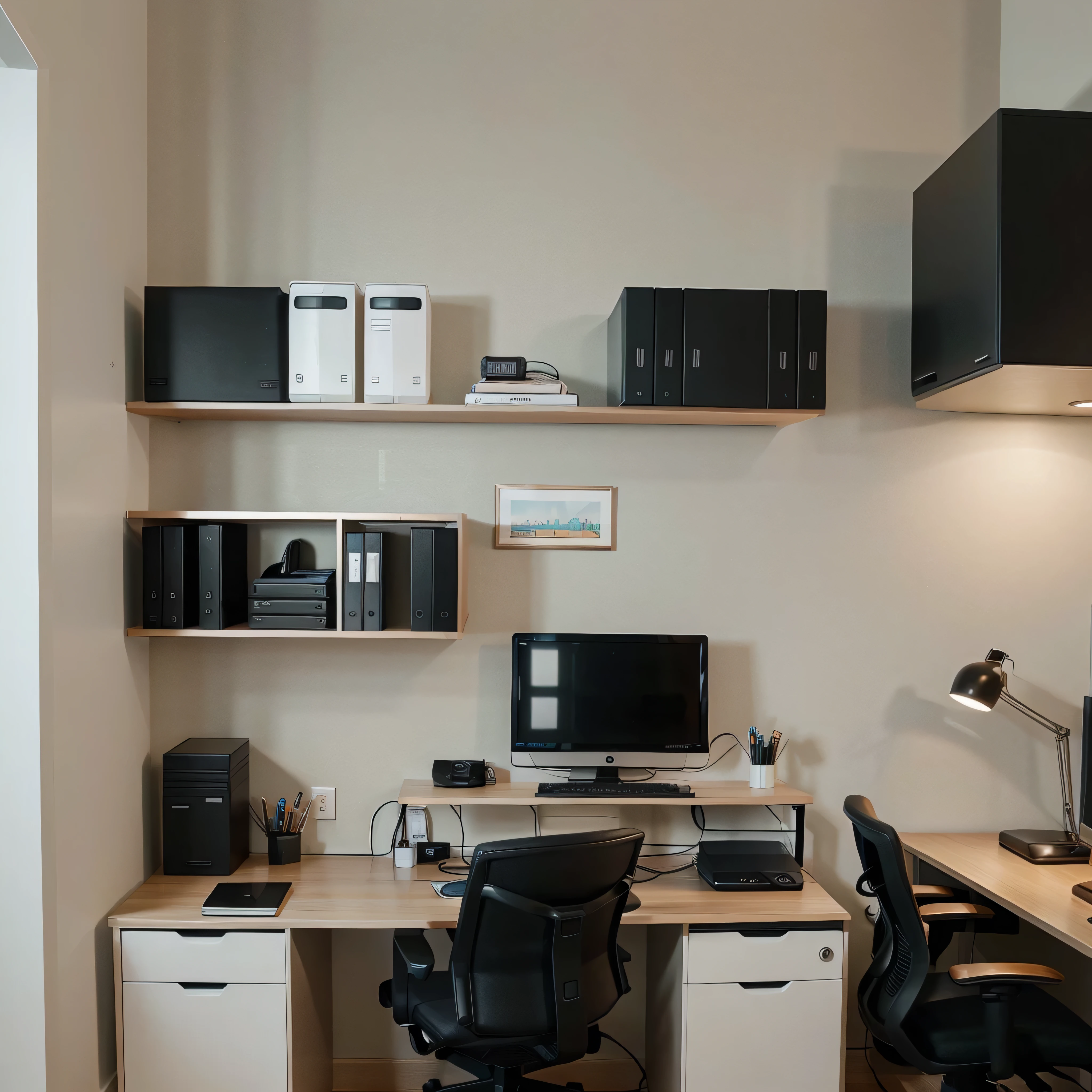 Design a beautifully looking office wall that has a good RGB light setup it has a nice office setup with some tech gadgets
