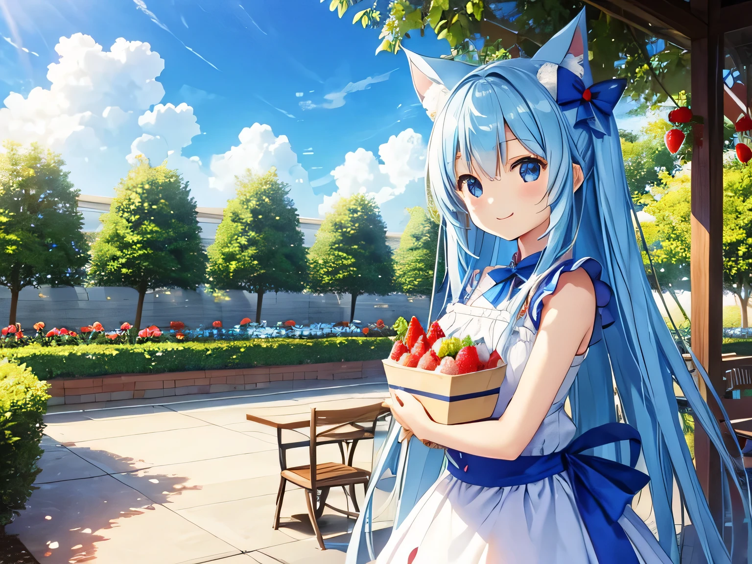 Light blue long hair、Twin-tailed Chibi Character、blue sky、Enjoy a huge strawberry parfait at a beautiful flower garden cafe、Smile、Cute Costumes、