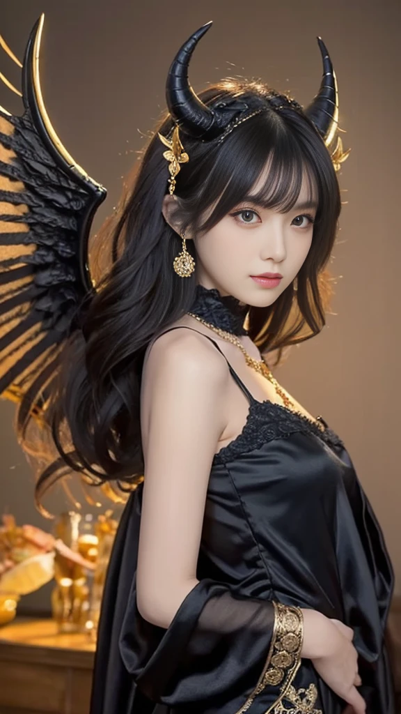 (best quality,super detailed),japanese 1 female, very thin body, long, thin legs, beautiful short wavy black hair, thick and fluffy bangs, highly detailed face, cosmetics, desert, wear black Wedding dress, princess style,Devil horns on her head and devil wings on her back, oil painting, intricate gold jewelry, vibrant colors, warm color tones, atmospheric lighting.