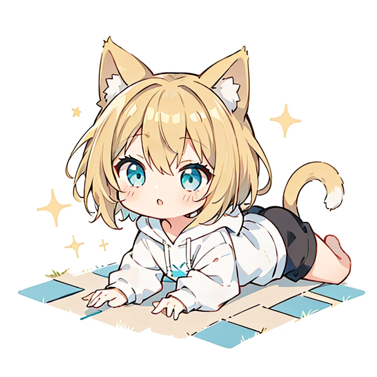 Beautiful young girl with blonde hair、 Bright lighting,Crawling forward,crawl forward,Blonde hair, turquoise eyes, short mash hair,CHIBI、Cat ear、Plain white hoodie, black shorts, barefoot